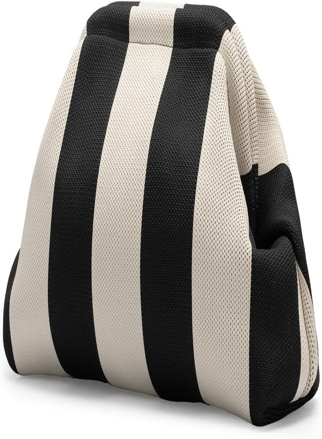 كون حقيبة يد نسائية من Kawn® بتصميم كروشيه مخطط | حقيبة كتف منسوجة يدوياً | حقيبة يد أنيقة بتصميم مميز وقفل كبس، مناسبة للاستخدام اليومي والنزهات - Image 1